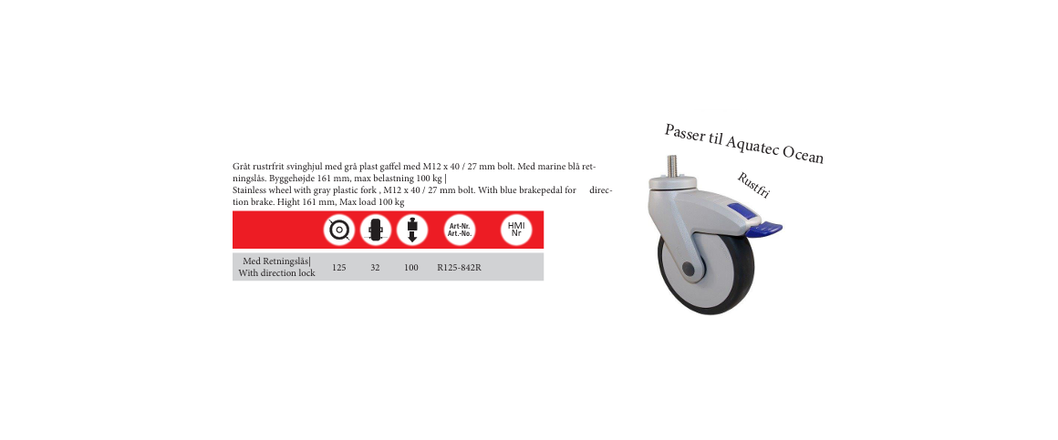 Svinghjul 125mm - m. retningsls - rustfri